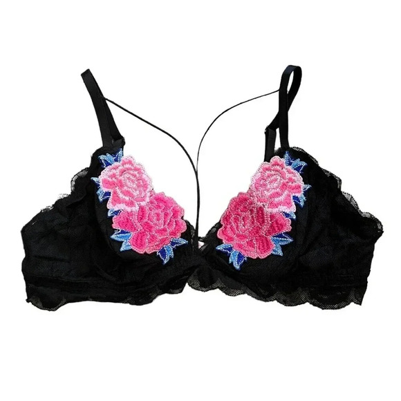 Victoria’s Secret PINK Black Triangle Lace Flower Applique Bralette L - Picture 1 of 6